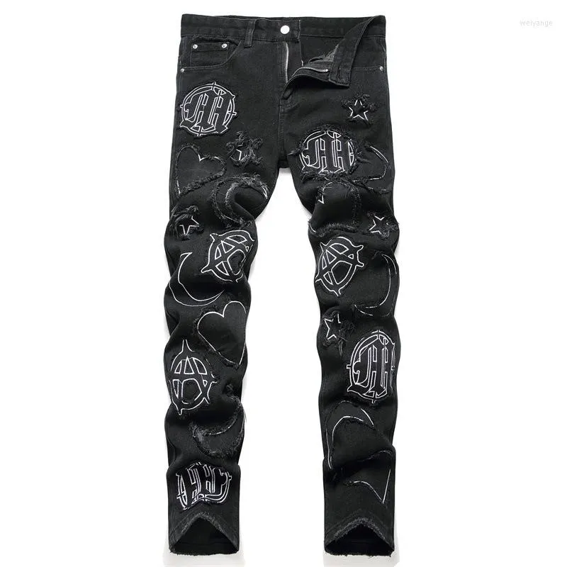 Jeans masculino estilo punk preto patch rasgado moda bordado fino cintura média hip hop calças casuais roupas de tendência