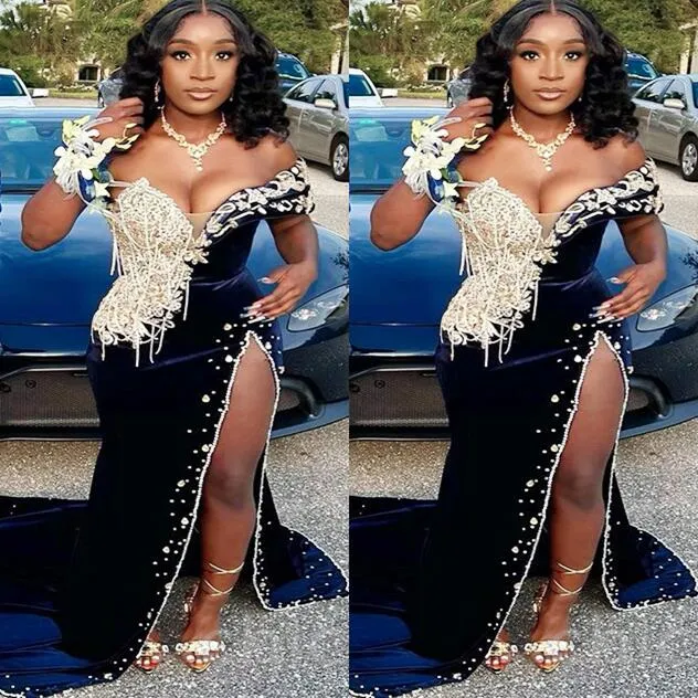 2023 Aso Ebi Navy Blue Mermaid Prom Dress Lace Beaded Crystals Evening Formal Party Second Reception Birthday Engagement Gowns Dresses Robe De Soiree ZJ7246