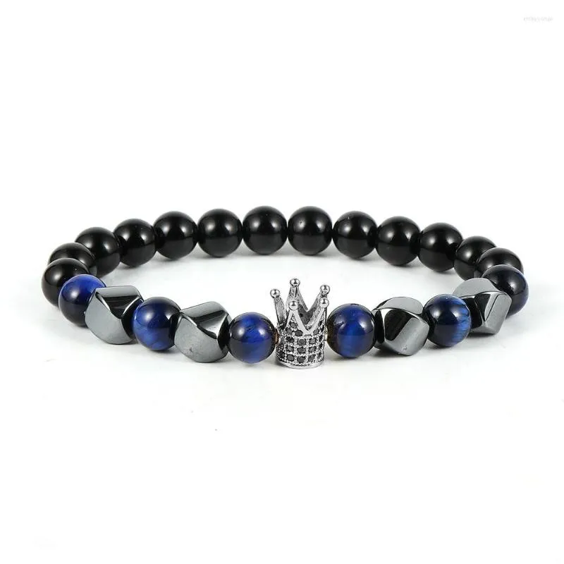 Strang Mode Männer Natürliche Karte Stein Lapis Lazuli Perlen Elastische Armband Messing Krone Micro Zirkon Charme Männliche Armbänder Schmuck Geschenk