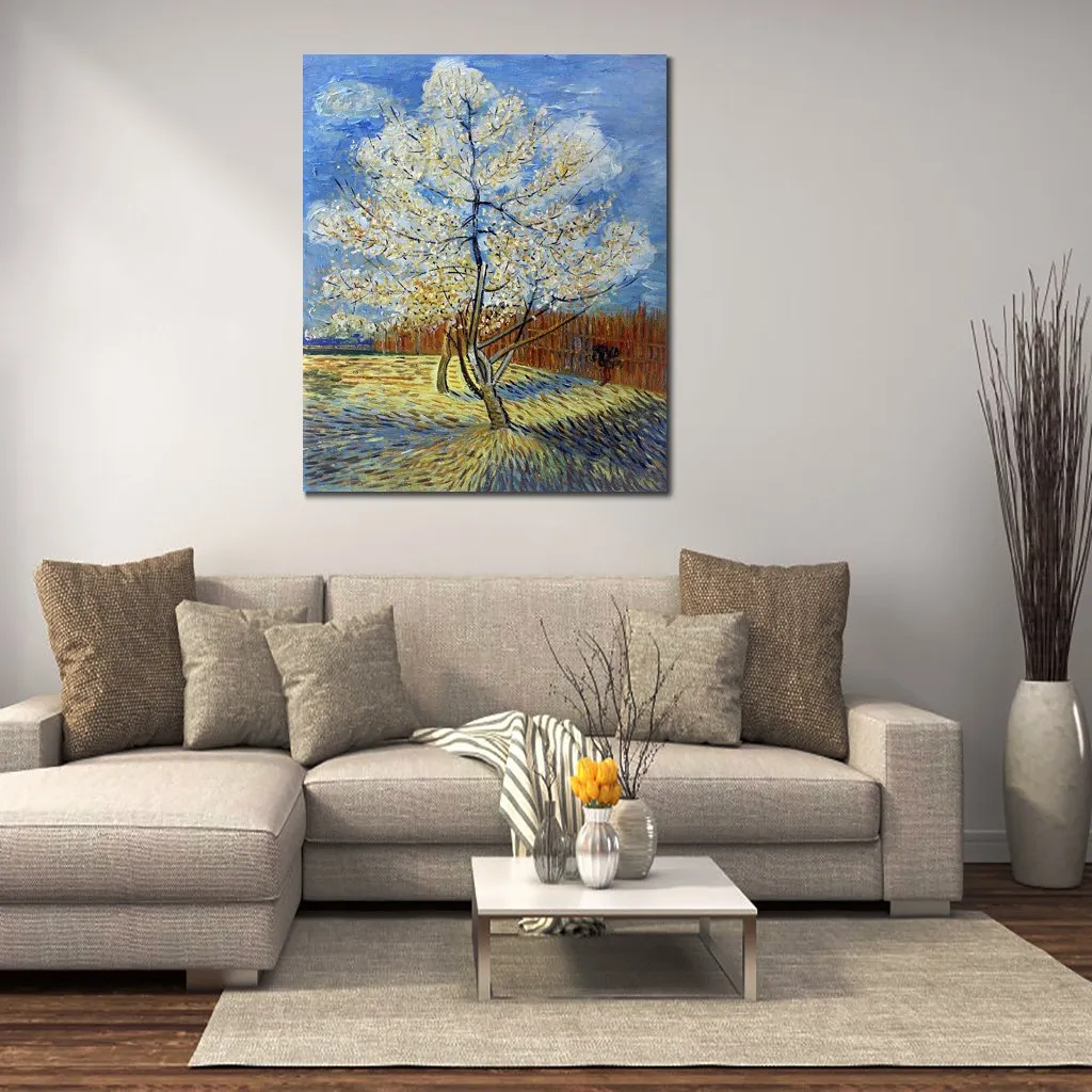 Handgefertigtes Ölgemälde von Vincent Van Gogh, rosa Pfirsichbaum, moderne Leinwandkunst, moderne Landschaft, Wohnzimmerdekoration