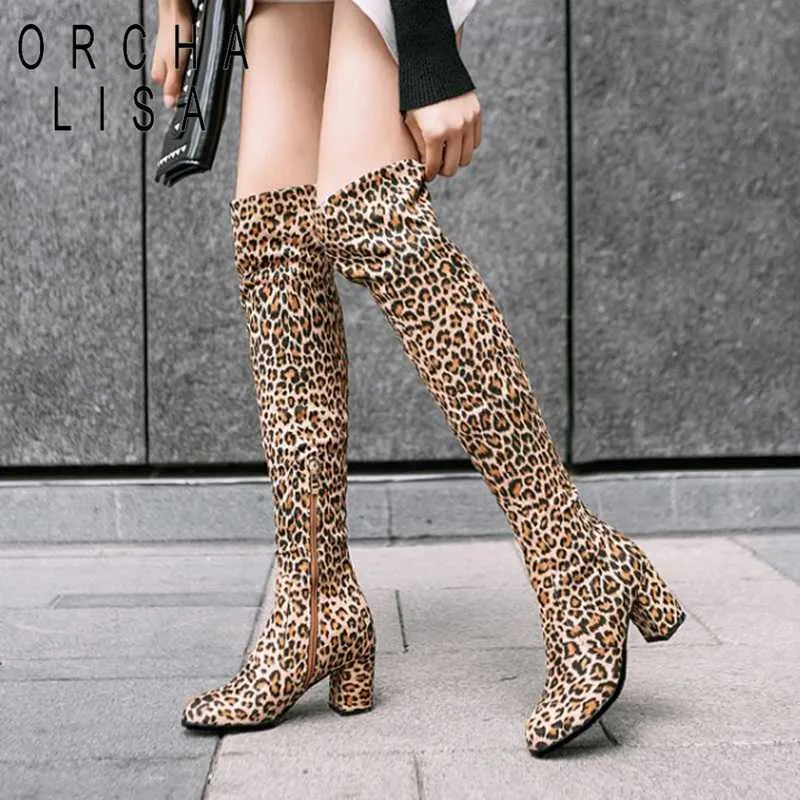 Buty Orcha Lisa Faux Suede Boots leopard Kobiety Sexy długie buty Over the knee uda high Pointed toe Chunky heel Zipper Pull on 43 L230712