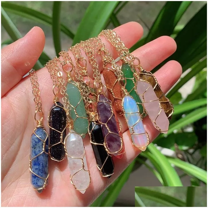 Pendant Necklaces Natural Stone Gold Wire Wrap Crystal Necklace Hexagonal Amethysts Pink Quartz Pendum Chakra Healing Jewelry Drop D Dhwtz