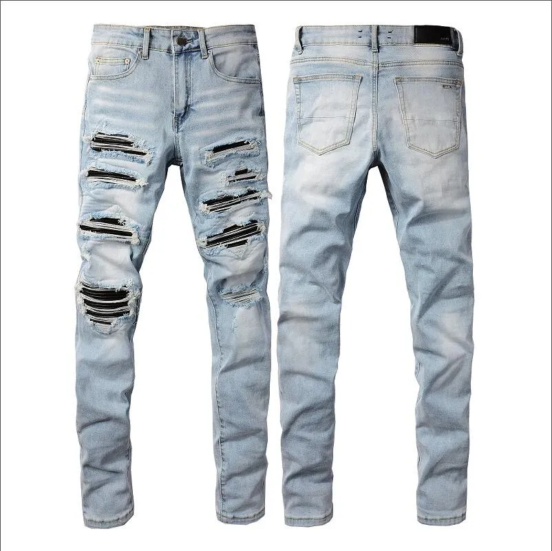 Mens Plated Ripped Blue Skinny Jeans Diseñador de moda Distressed Slim Fit Motocicleta Biker Hole Mendigo Hip Hop Pantalones de mezclilla