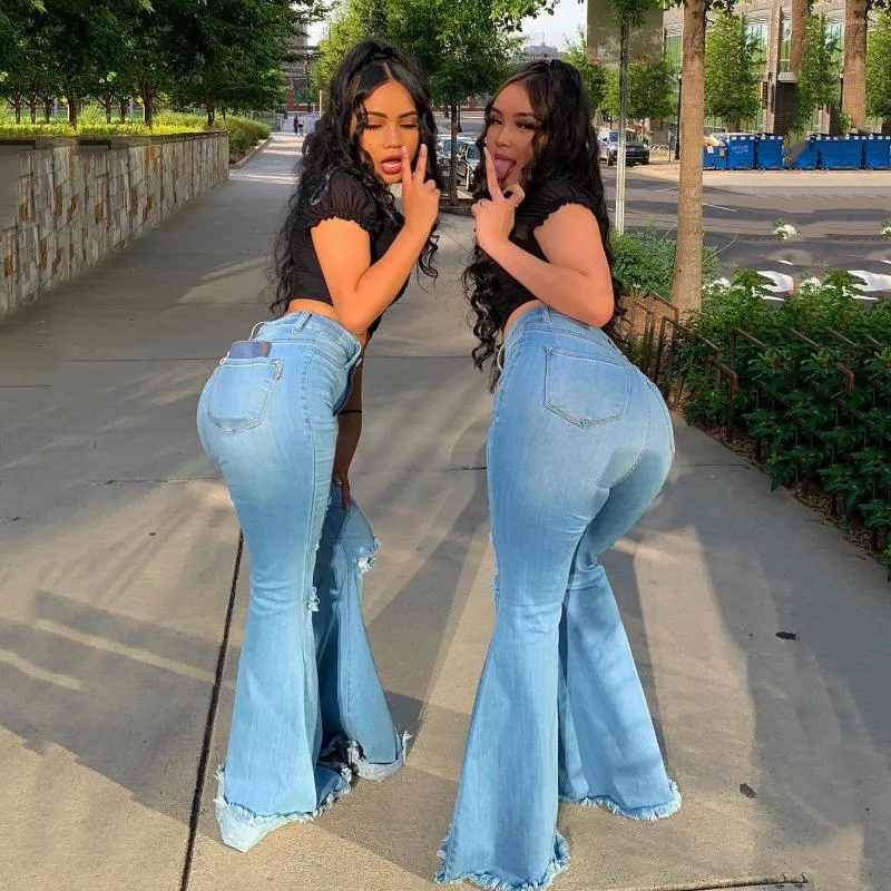 Women s Jeans Ripped Flare Pants Sexy High Waisted Pantalones Women Stretchy Baggy Vintage Slim Femme Blue Casual Wide Leg