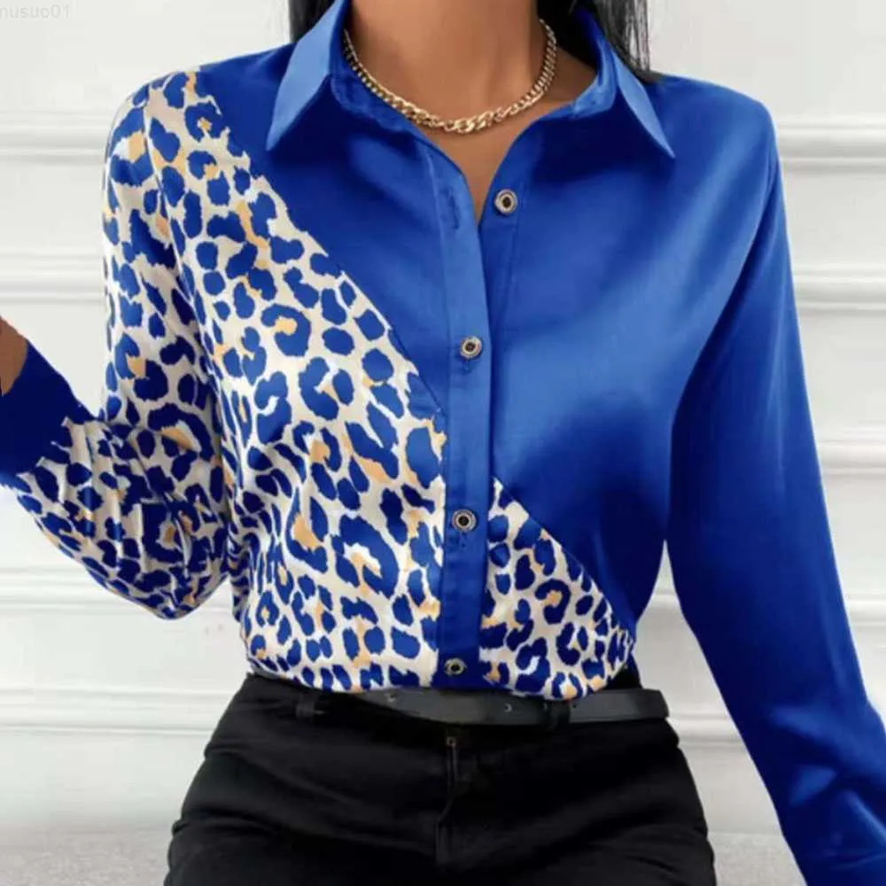 Kvinnors blusar Skjortor Leopard Patchwork Casual Shirt Blue Woman Autumn Fashion -knapp Långärmad skjortor för kvinnor 2021 Vitt tryck Office Top Femme L230712