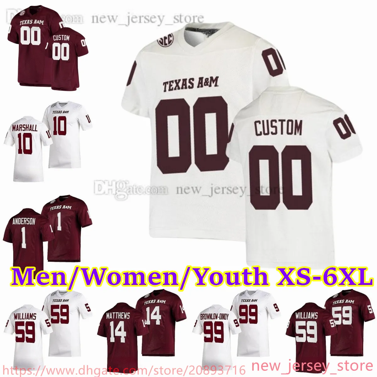 2023 Custom S-6XL NCAA Texas Aggies voetbalshirt 10 Chris Marshall 1 Evan Stewart 40 Martrell Harris Jr. 45 Edgerrin Cooper 3 Daymion Sanford 14 Jacoby Mathews