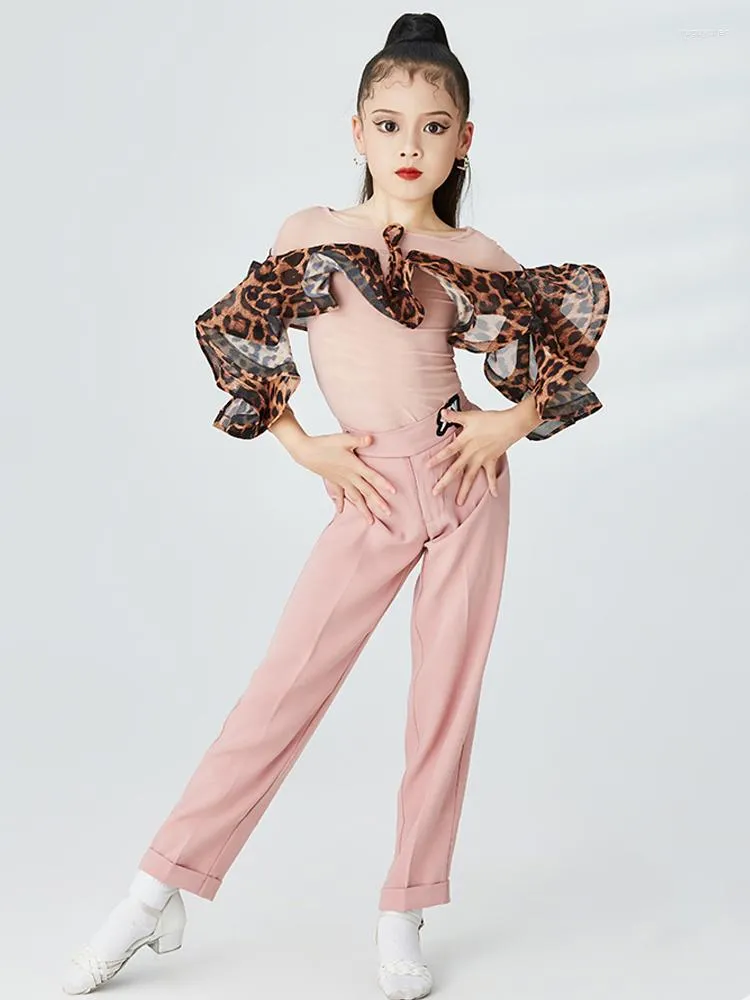 Vestuário de palco 2023 meninas roupas de dança latina leopardo rosa tops calças cha prática vestido de baile para crianças terno dnv17641