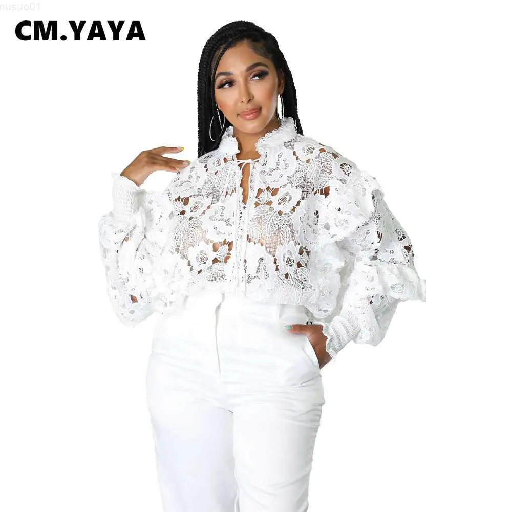 Women's Blouses Shirts CM.YAYA Women Elegant Lace See Though Ruffles Lantern Long Sleeve Floral Shirt and Blouse Tops L230712