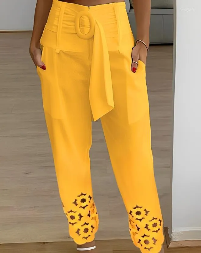 Pantalon femme pantalon dames 2023 évider ceinturé poche Design décontracté taille haute femmes été avec ceinture mode basique OTTD Yk2