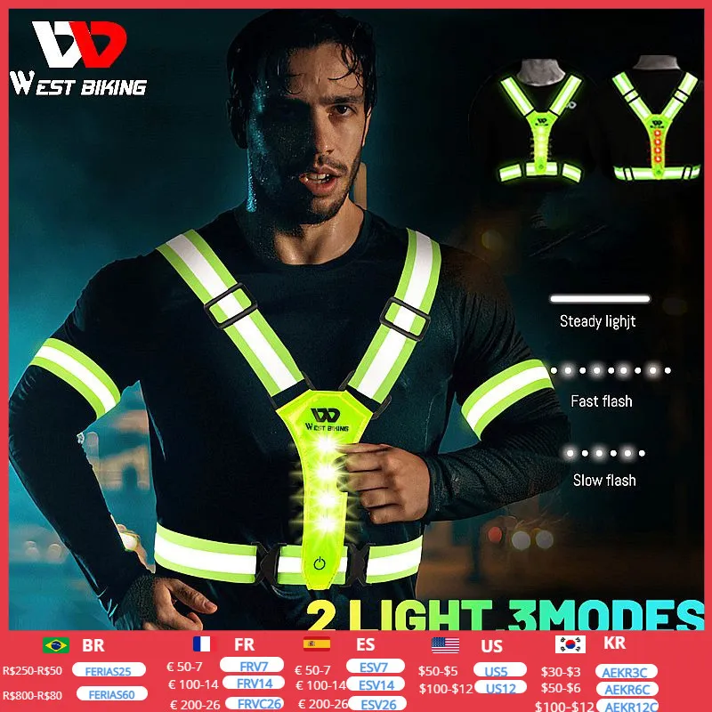 Cyclisme Chemises Tops WEST BIKING Vélo Gilet de sécurité avec gilet réfléchissant la lumière Nuit Marche Scooter électrique Clignotant Gilet pour la course à pied Pêche Hommes 230712