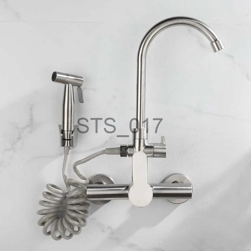 Wall Mounted Kitchen Faucet Folding- Hot And Cold Water Swivel Brass Sink Faucet Black - View #5