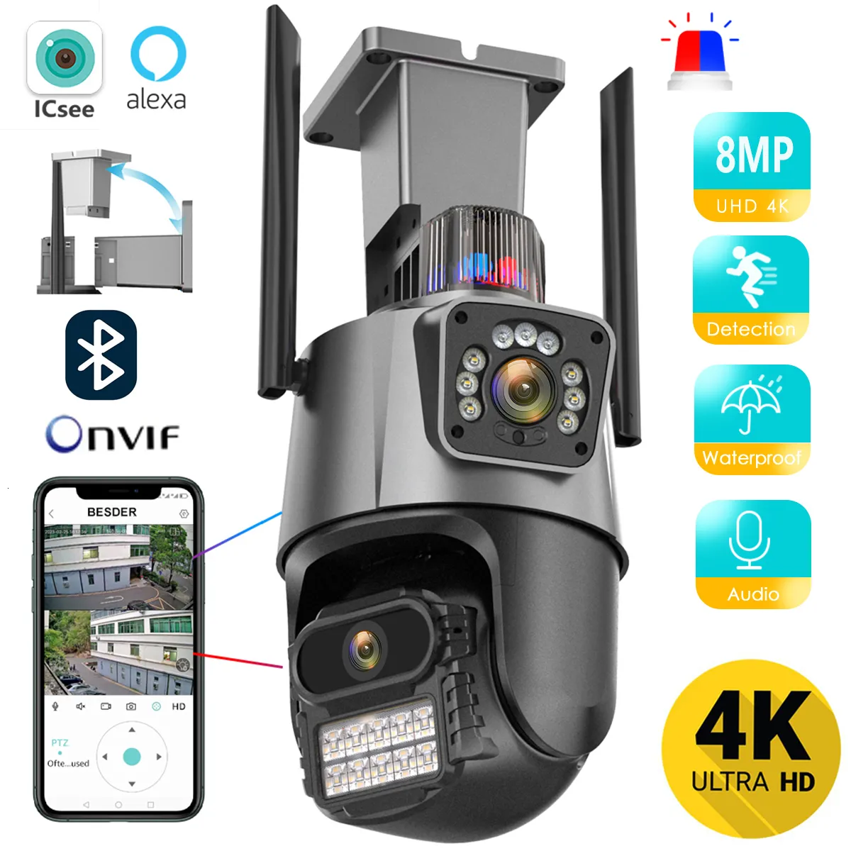IP カメラ 8MP 4K Wifi カメラデュアルレンズセキュリティ保護防水 CCTV ビデオ監視ライトアラーム 230712