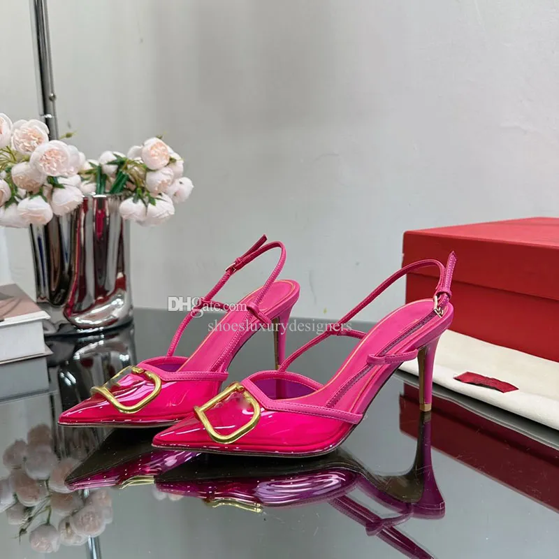 スリングバック ラインストーン ヒアリン PVC サンダル スティレット ヒール レザーソール 女性の高級デザイナー パーティー 結婚式 イブニング 最高の靴 工場履物 サイズ 34-42