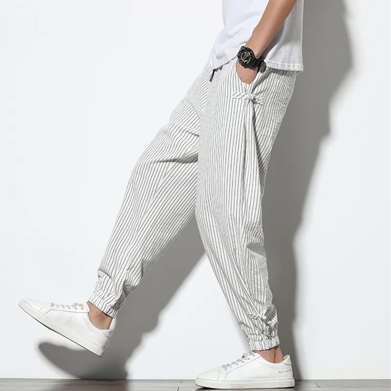 Men's Pants Spring Summer Disc Buckle Striped Harem Mens Breathable Cotton Linen Pencil Casual Bloomers Fashion Trousers 230711