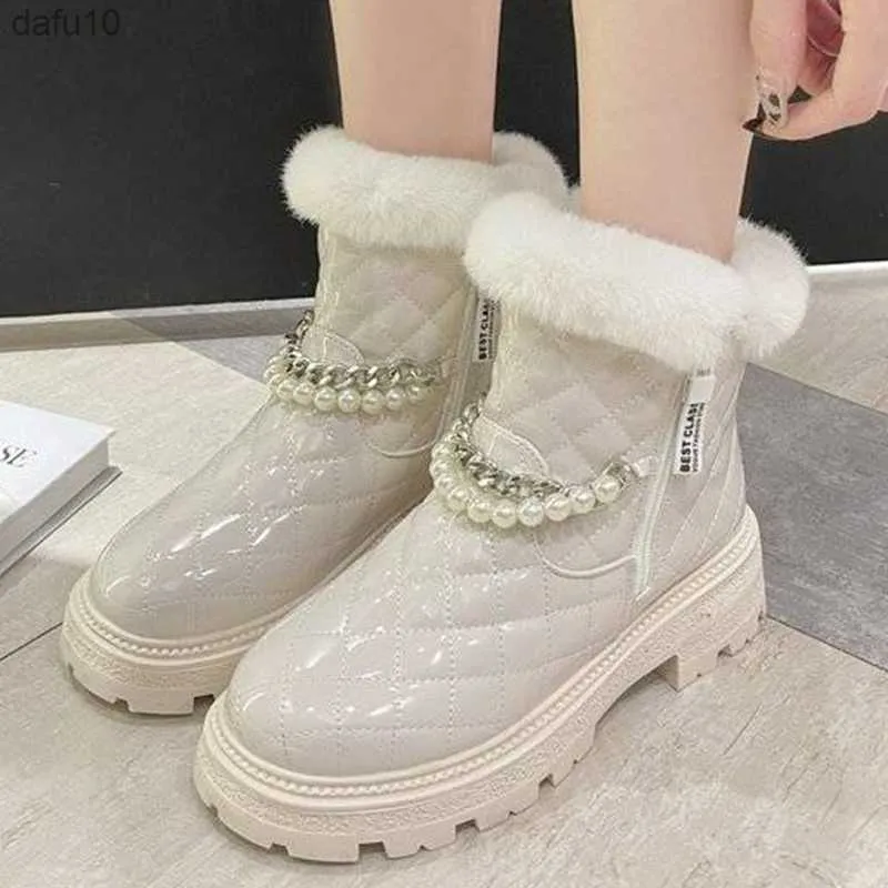 Women Winter Fashion Boots Casual Zipper Ankle Boots Ladies Pearl Chain Shoes Solid Platform Shoes Female Snow Boots L230704