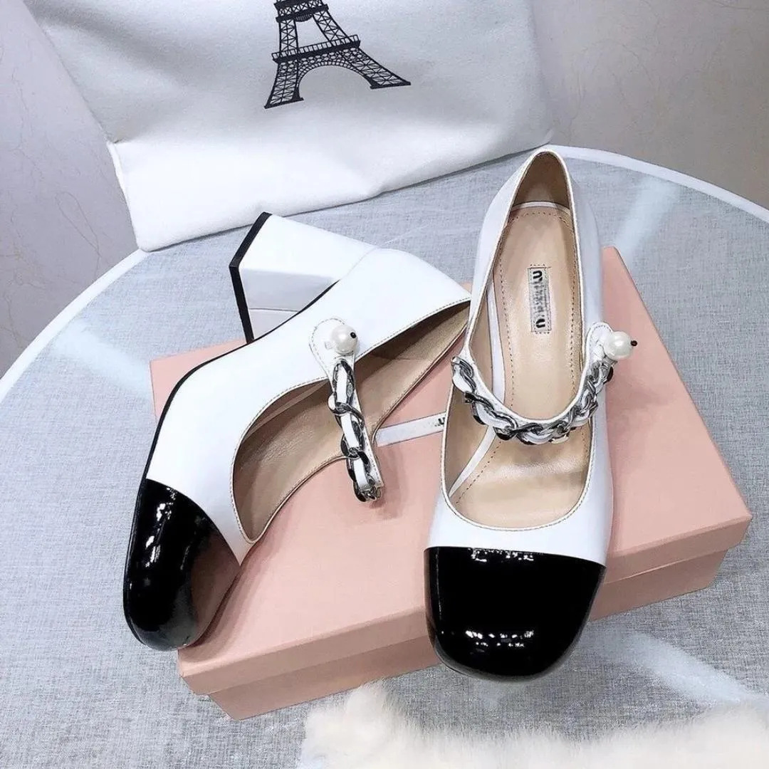 Womens Formal Shoes Ballet Shoes Patent Leather Mary Jane Shoes Designer Leather Patchwork Mid Heel High Heeled Loafers Chain Pearl Buckle Party Dress Shoes