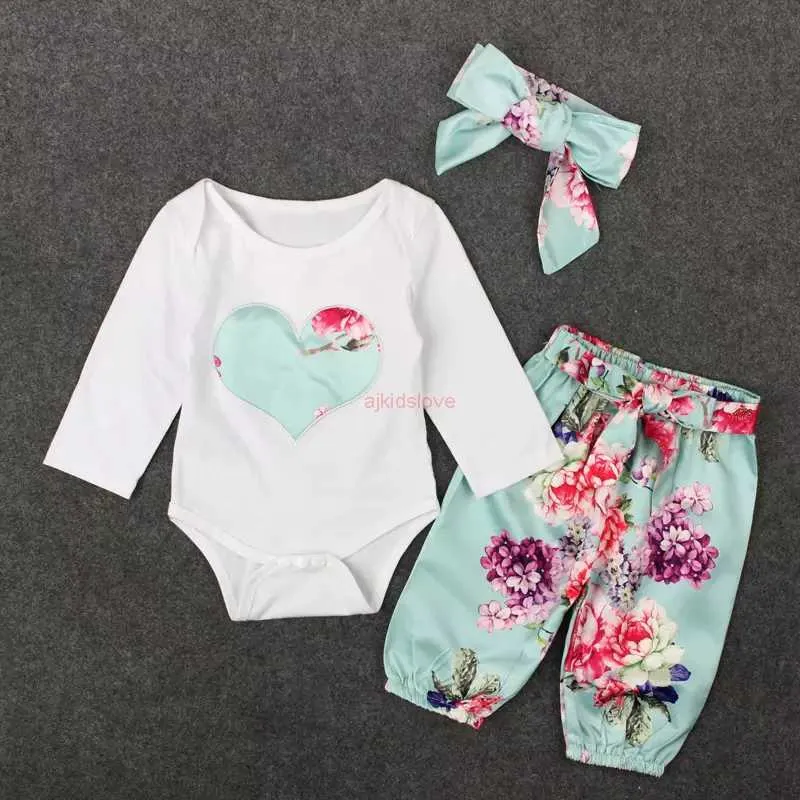 3 STKS Set Baby Meisjes Kleding Romper Lente Herfst Kinderen Hart Borduren Tops + Bloemen Broek Outfits Kinderen Meisje Kleding Set Retail