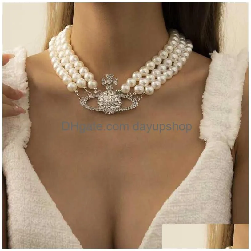 western empress dowager vivian the same fashion three-layer pearl full of diamonds large saturn necklace neckchain choker tide