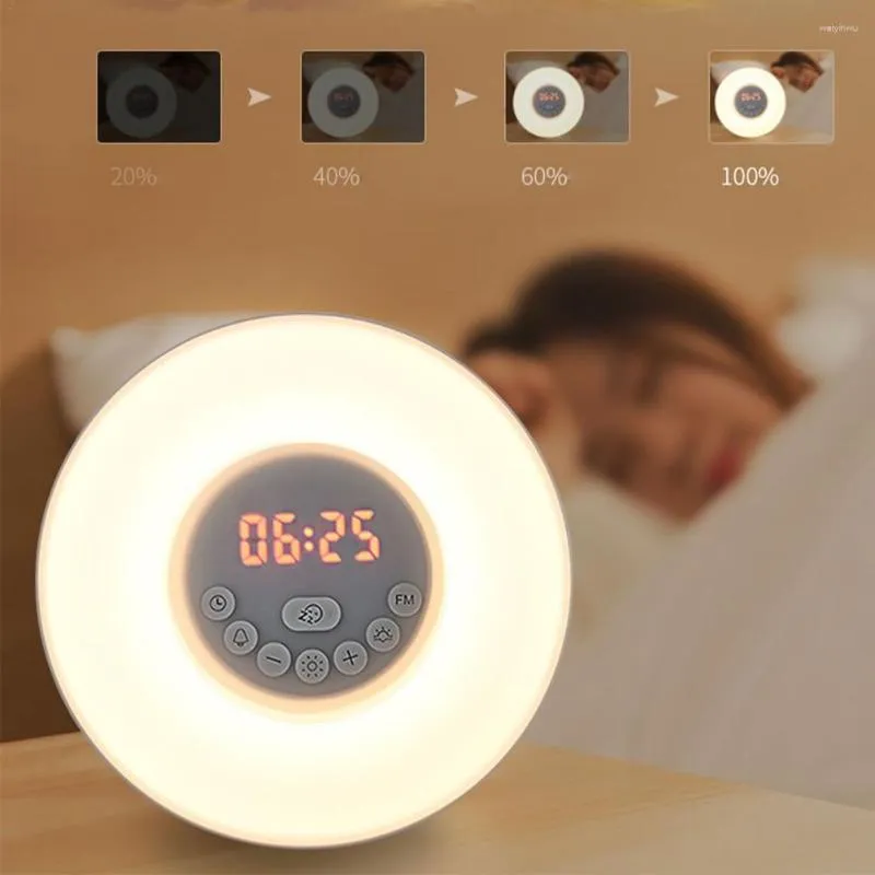 Nachtverlichting Kleurrijke LED Zonsopgang Wake-up Morning Clock Alarm Light Gesimuleerde Zon Nachtkastje Slaapkamer Woonkamer Thuis Ambachten