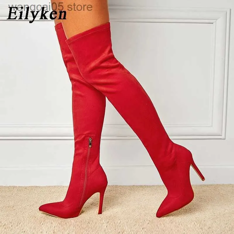 Buty Eilyken spiczasty palce super stiletto obcasy kobiety wysokie but elegancki rozciąganie na kolanach jesienne zimowe botki T230713