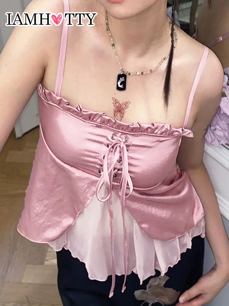 Kadın Tankları Camis Iamty Pembe Çırpılmış 2 Katmanlı Saten Saten Satı Sütyen Y2K Coquette Sleeless Mahsul Üstü Sevimli Seksi Dantel Dikiş Camis Yaz Lolita Tank Top 230713