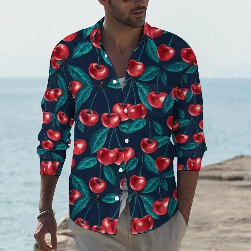 Chemises décontractées pour hommes chemise cerise mignonne printemps imprimé fruits rouges homme mode Blouses à manches longues personnalisé esthétique hauts grande taille 3XL 4XL