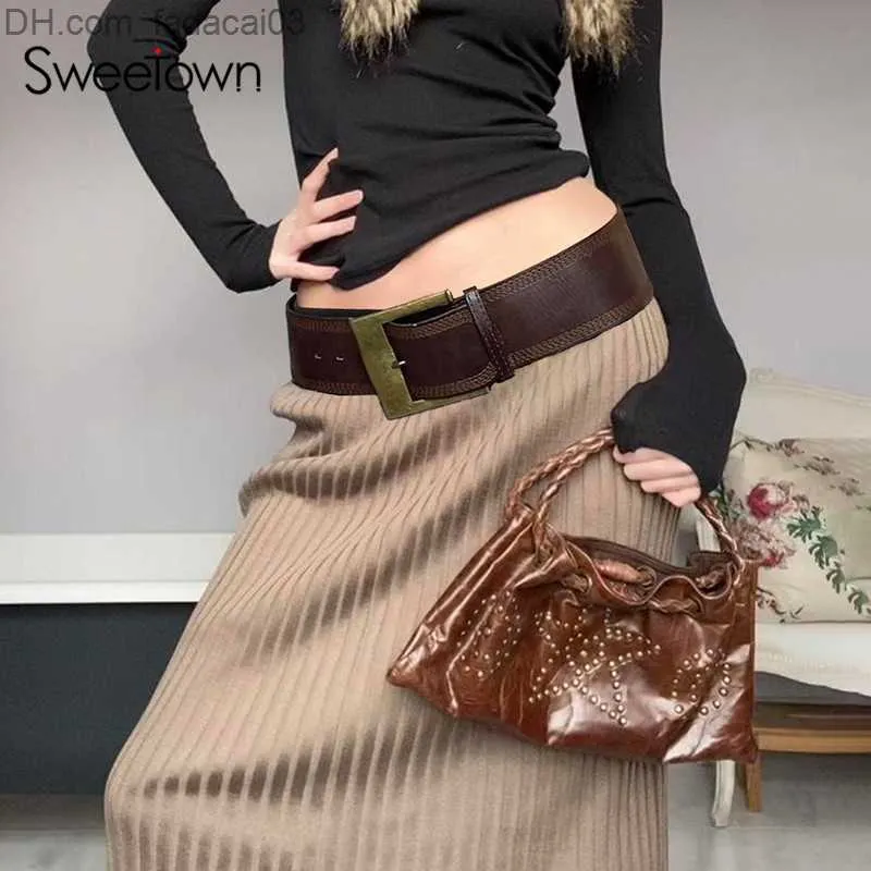 Bälten Sweetown Brown Vintage Grunge Y2K Wide Belt Women's Metal Buckle Justerable Pu Leather Belt Fashion Full Matching Accessories Z230714