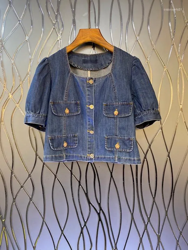 Vrouwen Jassen 2023 Vrouwen Mode Hoge Kwaliteit Korte Mouw Vierkante Hals Zak Gouden Gesp Denim Top Jas 0521