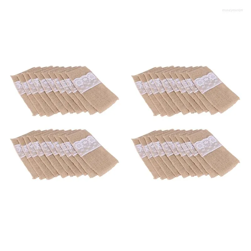 Bols 200 Pcs Couverts En Jute Naturel Couteaux Et Fourchettes Ensemble Argenterie Sac Titulaire Toile De Jute Dentelle Fête De Mariage Décor