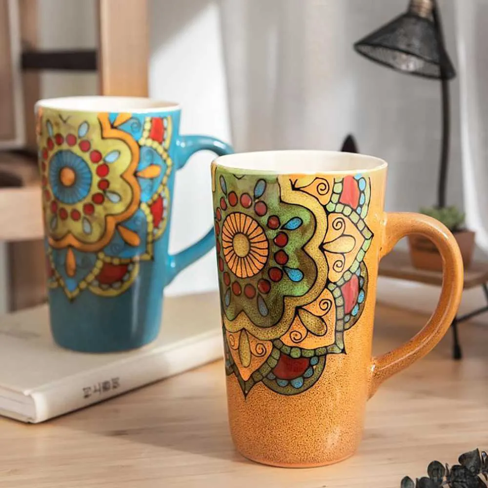 Tazze Tazza stile tradizionale Sun Flower Art Pattern Tazze in ceramica 500ml Capacità maggiore Caffè Latte Tazza da colazione Tazze regalo creative R230713