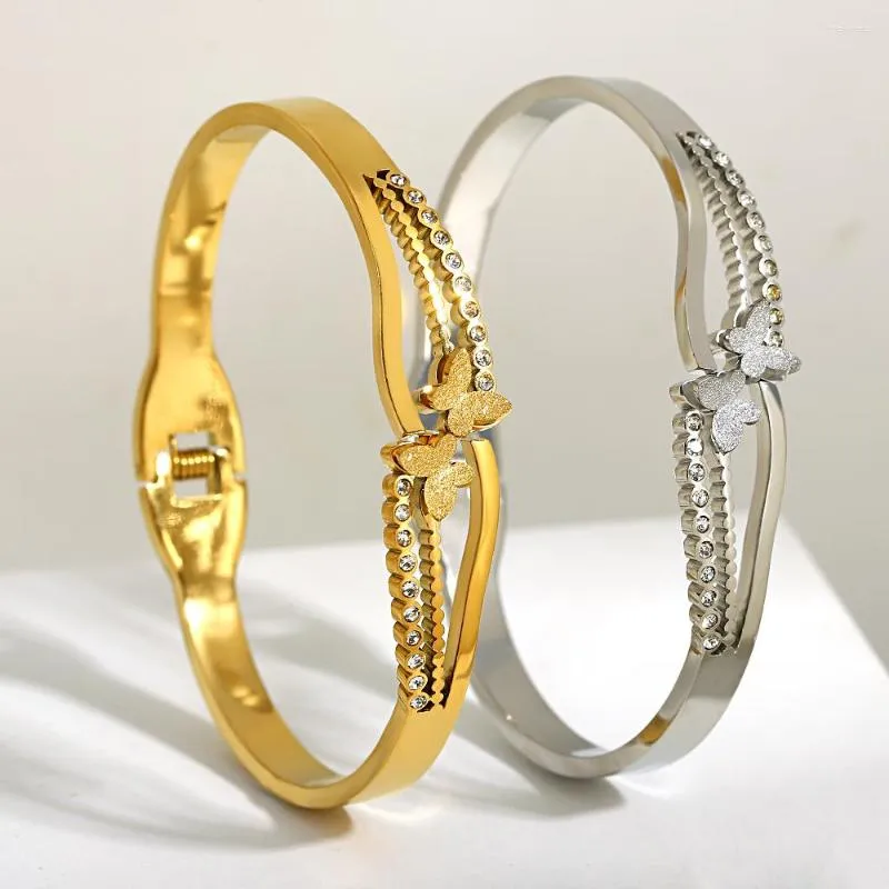 Bangle Greata Bracciali alla moda in acciaio inossidabile con farfalla Braccialetti per donna Gioielli impermeabili con strass placcati in oro