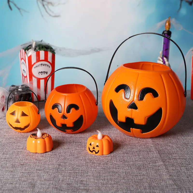 Adereços bonitos para decoração de festa de Halloween Cara sorridente Abóbora Sacos de doces Cesta Lanterna LED Ornamento para artesanato 100 unidades