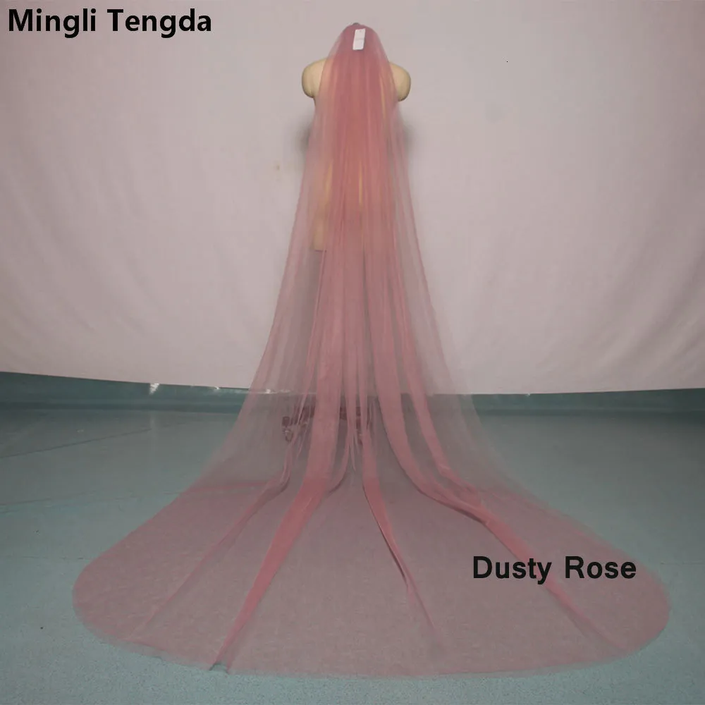 Jóias de cabelo de casamento Mingli Tengda Sky Blue Véu de noiva Long Cut Edge Camada dupla 3 metros de comprimento Véu de casamento Elegant Lady Cathedral Veil Dusty Rose 230713