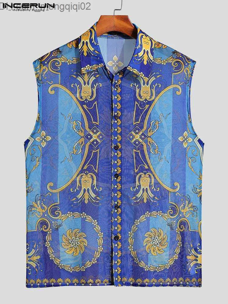 Men's Casual Shirts Men's printed ethnic style transparent lapel sleeveless button men's clothing casual vacation Camisas S-5XL INCERUN Z230713