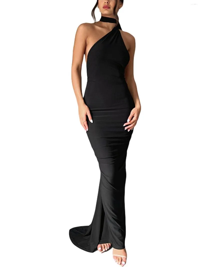 Casual Dresses Womens Maxi Bodycon Dress Sexy Halterneck Backless Slim Fit Solid Cocktail For Evening Party (Black M)