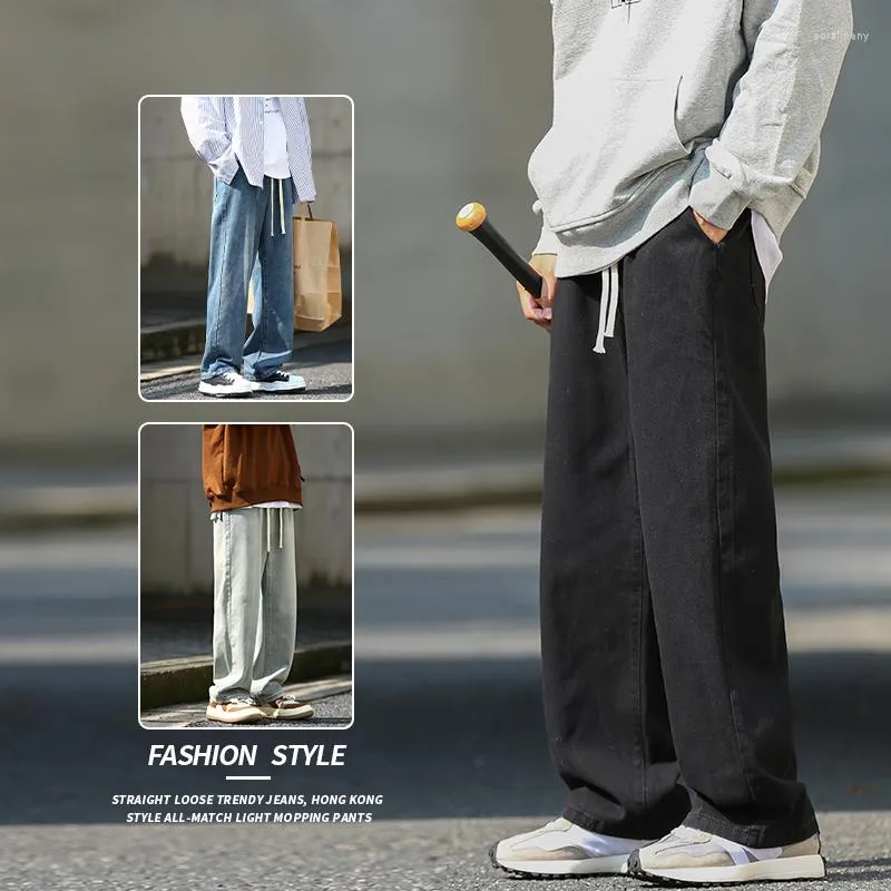 Jeans masculino moda coreana folgado clássico para todos os jogos Sólido Harajuku Jeans reto perna larga Y2k Calça masculina hip hop azul preta
