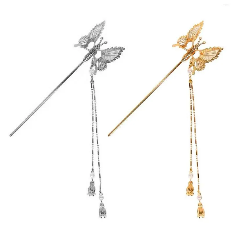 Grampos de cabelo Borboleta Stick Chinês Hanfu Touca Para Mulheres Tassel Metal Hairpin Pauzinhos Punk Diariamente Fecho Garfos Jóias