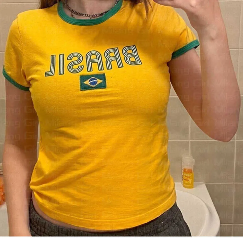 Damski t-shirt uprawa top letnia żółta kobieta dziewczyna