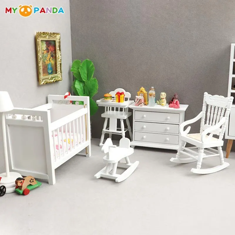 Keukens Speelvoedsel 5 stks/set 1 12 Poppenhuis Meubels Wit Babybedje Eetkamerstoelen Hobbelpaard Schommelstoel Kast Kinderkamer Decor Sets 230713