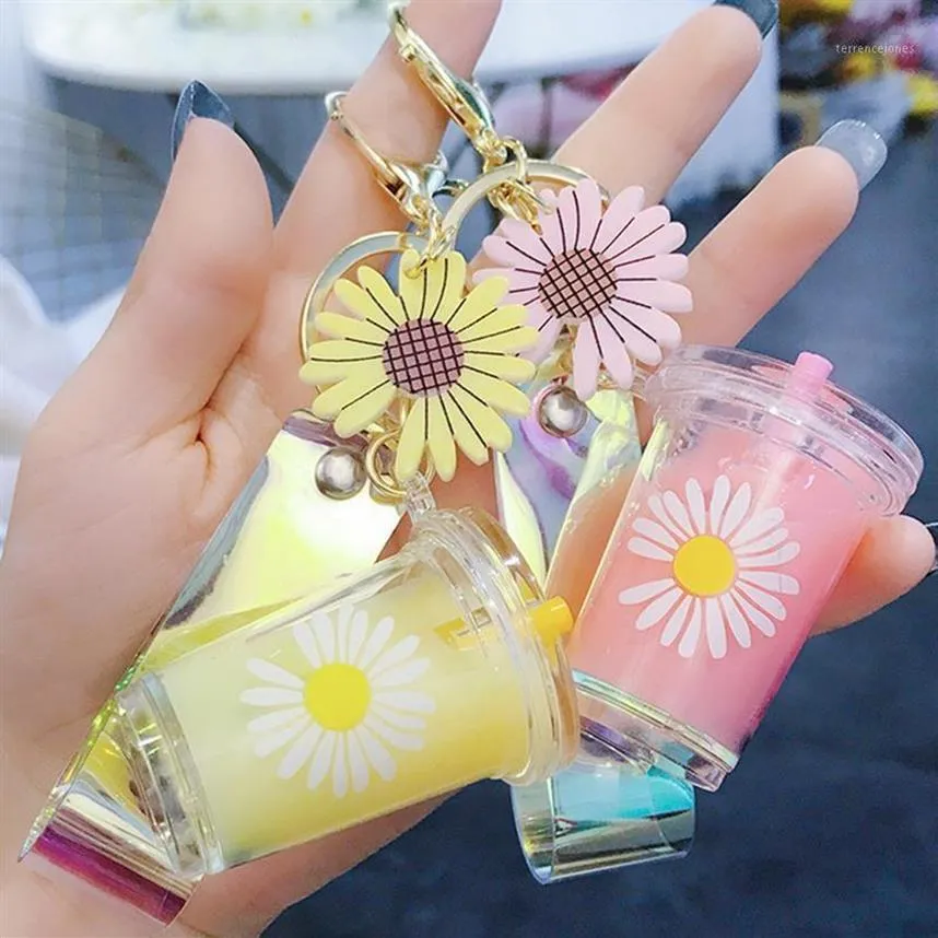 Kreative Mini Softdrink Schlüsselbund Daisy Milch Tasse Schlüsselbund Getränke Blase Schlüsselring Bewegliche Flüssigkeit Keyfob Schmuck Gift1246J