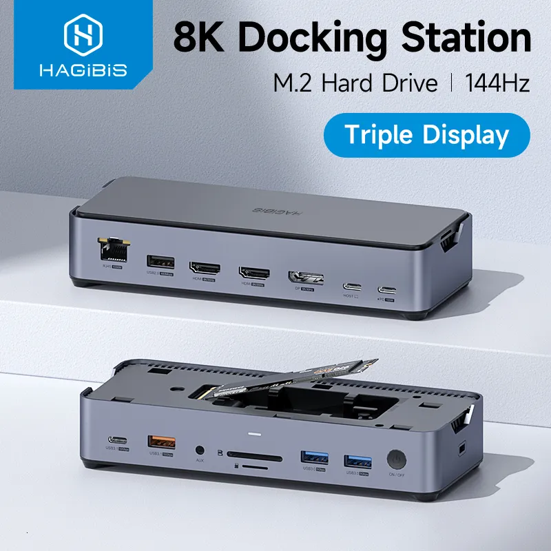 Hagibis USB C Docking Station Type to 8K DP Compatibile Triple Display M 2 SSD PD3 0 RJ45 15 in 1 HUB per PC Laptop 230712