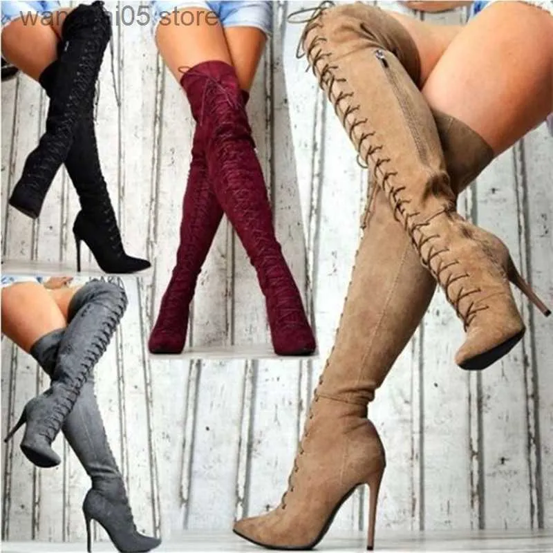 Boots New Women Crossed tied Over The Knee Boots Pointed Toe Gladiator Lace up Thigh High Boots Side Zip Stiletto Heels Long Boots T230713