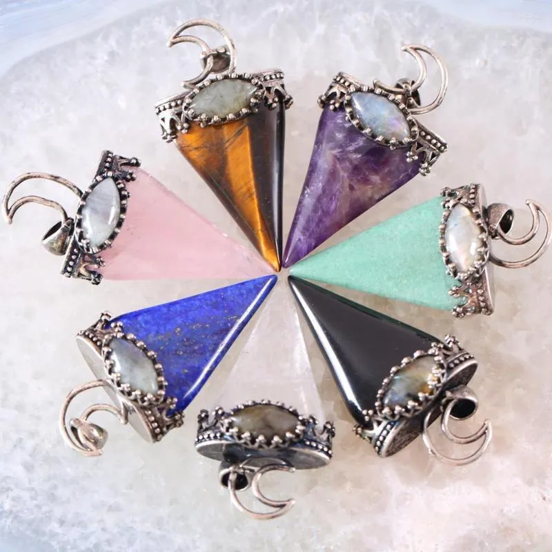 Pendant Necklaces 1Pcs Natural Stone Mixed Colors Triangle Antique Silver Color Crown Half Moon Fit Necklace Women Men Healing Jewelry