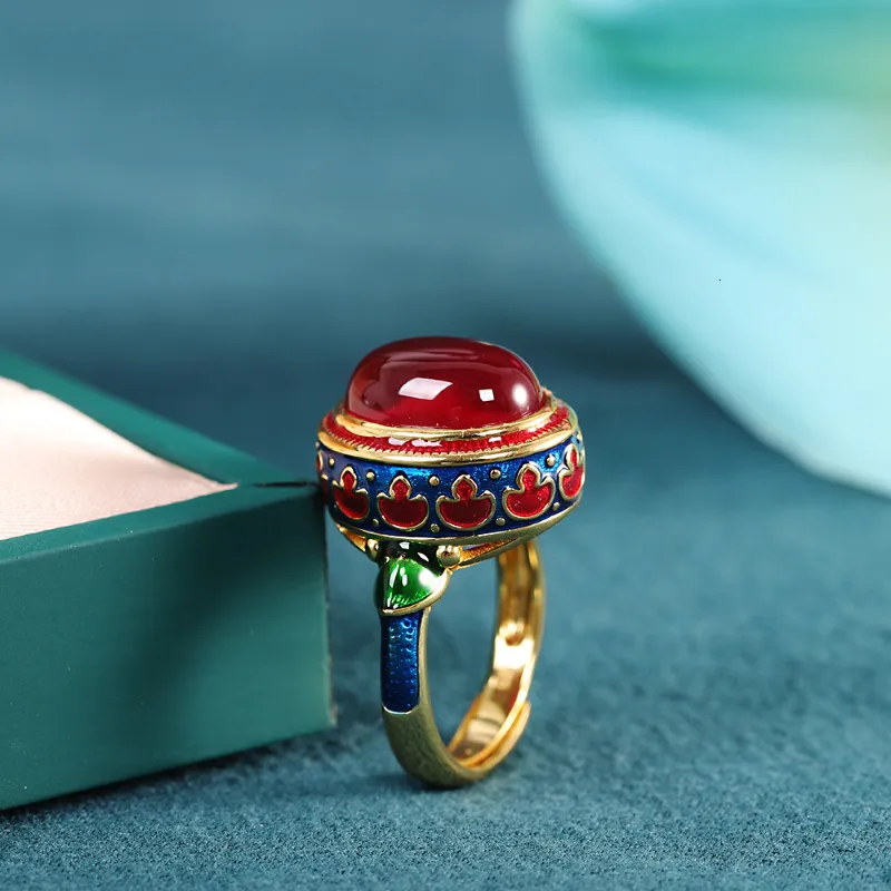 Wedding Rings Original ancient gold craftsmanship natural carnelian rings for women flower enamel national style light luxury jewelry 230712