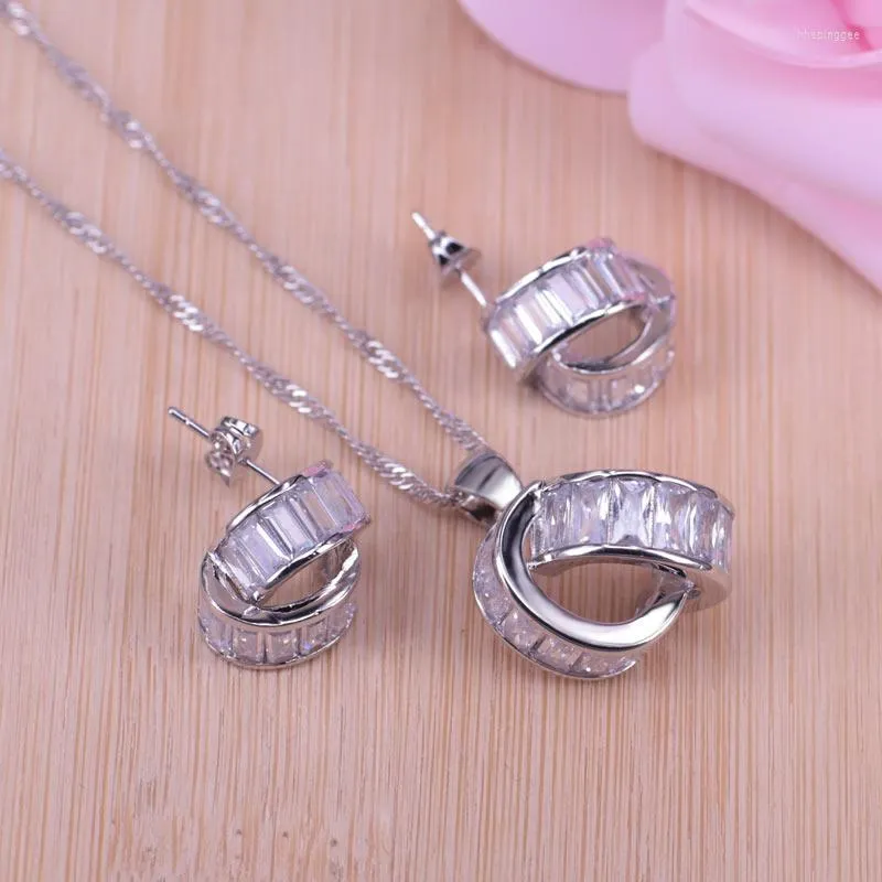 Серьги ожерелья набора в стиле Дубая белый кубический циркон серебряный цвет ювелирные украшения Серьговые серьги-кулон для женщин для женщин уникальный дизайн симпатичный подарок