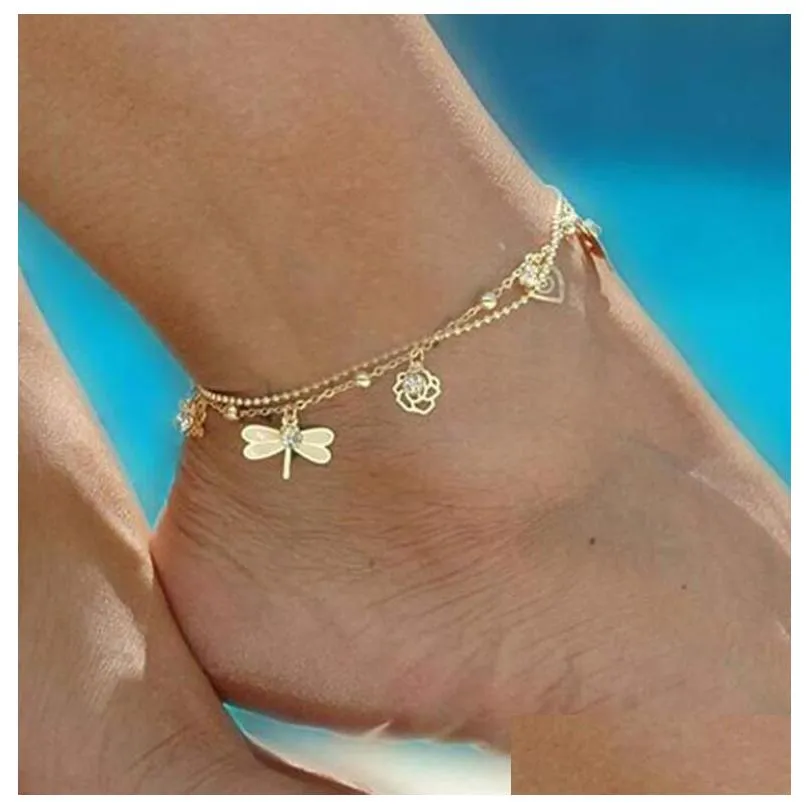 Anklets Gold Bohemian Anklet Beach Foot Jewelry Leg Chain Butterfly Dragonfly Leaves For Women Sandals Ankle Bracelet Feet Drop Deliv Dhxpe