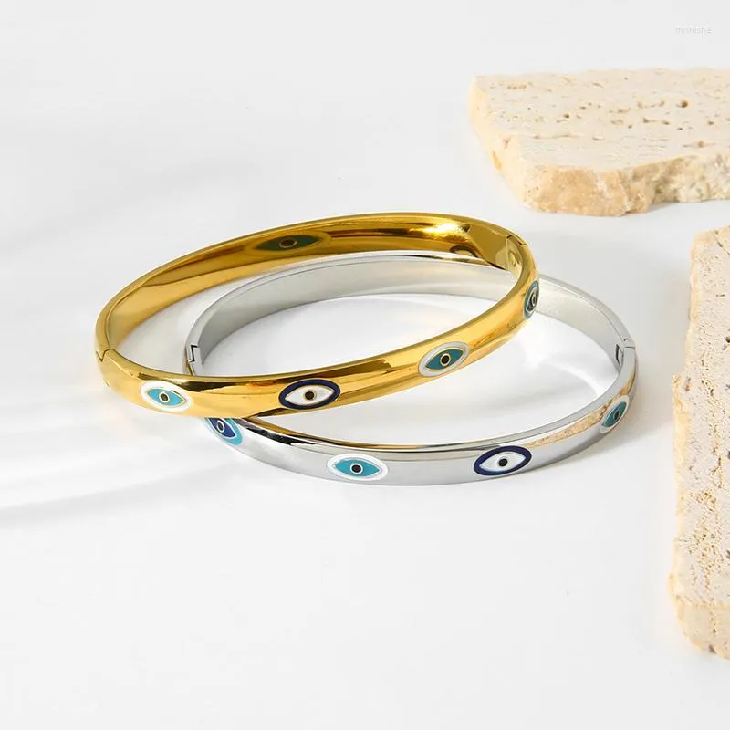 Bangle Stylis Stainless Steel 18K Gold Plated Turkish Eye Enamel Buckle Bracelet For Women Stackable Waterproof Jewelry