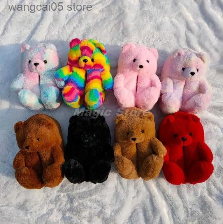 Teddy bear faux fur slippers cheap