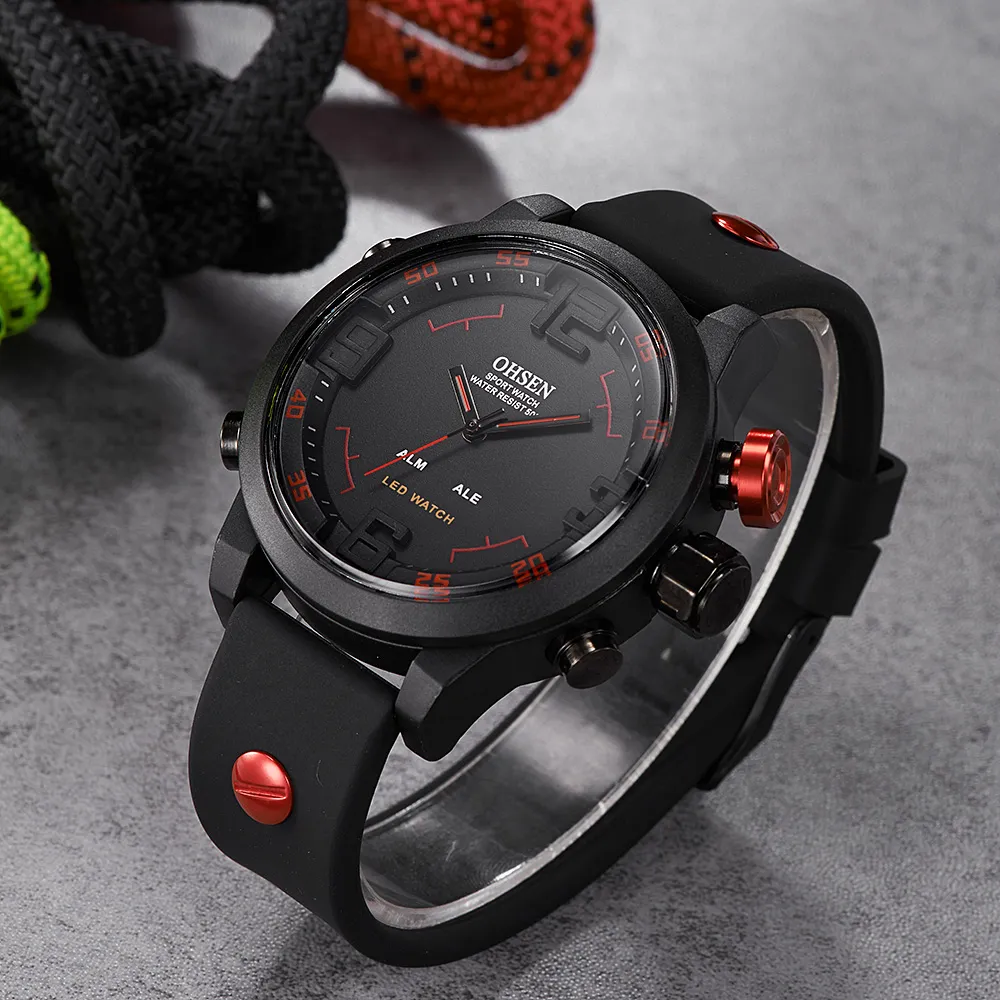 OHSEN Fashion Outdoor Sport Uhr Männer Multi funktion 5 Bar Wasserdicht Military Red Digitale Armbanduhren Uhr Relogio Masculino
