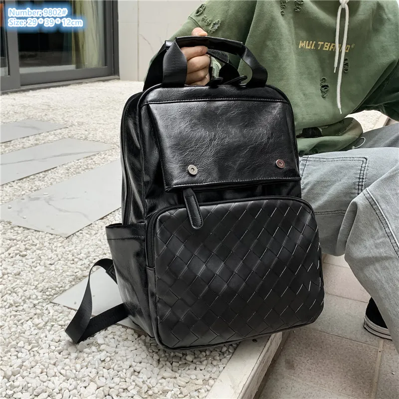 Factory wholesale men shoulder bag soft and comfortable leather leisure travel backpack street popular woven student backpacks flip zipper fashion handbag 9802#